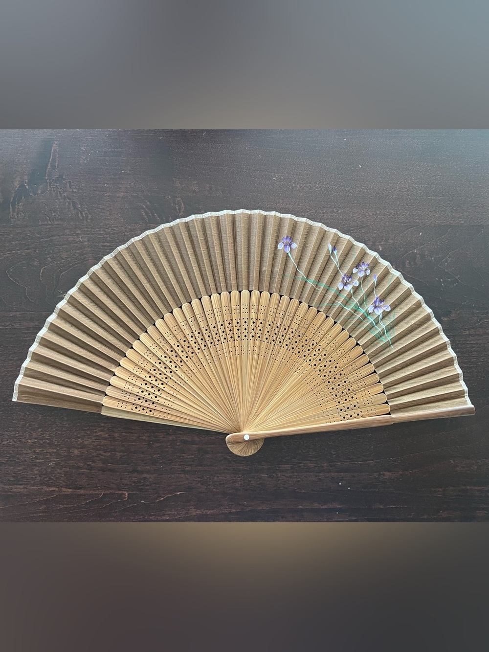 Japanese Folding Hand Fan - Brown textile with Purple Floral Detail